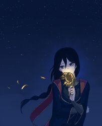 Rule 34 | 1girl, black hair, blue eyes, braid, dot 7333, elden ring, flower, highres, jewelry, long hair, looking to the side, necklace, night, night sky, outdoors, robe, sky, smelling flower, solo, sorceress sellen, star (sky), starry sky, sunflower, very long hair, wrapping