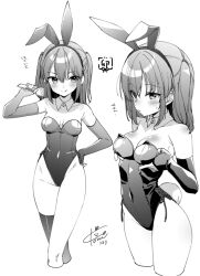 Rule 34 | 1girl, alternate costume, animal ears, breast conscious, breasts, chinese zodiac, cropped legs, detached collar, elbow gloves, gloves, greyscale, kantai collection, koruri, leotard, medium breasts, monochrome, multiple views, partially fingerless gloves, playboy bunny, rabbit ears, rabbit tail, sendai (kancolle), short hair, signature, single thighhigh, standing, strapless, strapless leotard, tail, thighhighs, two side up, year of the rabbit