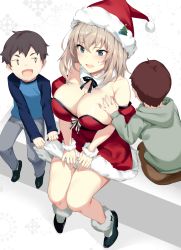 Rule 34 | 1girl, 2boys, black footwear, black ribbon, breasts, cleavage, commentary request, detached collar, dress, girls und panzer, hat, highres, icomochi, itsumi erika, large breasts, light brown hair, medium hair, miniskirt, multiple boys, neck ribbon, red dress, ribbon, santa costume, santa dress, santa hat, sitting, skirt, strapless, strapless dress, white background, wrist cuffs