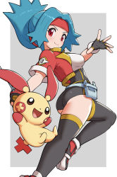 Rule 34 | 1girl, ass, blue hair, blush, breasts, capture styler, closed mouth, commentary request, creatures (company), cropped jacket, eyelashes, fingerless gloves, game freak, gen 3 pokemon, gloves, gonzarez, headband, highres, holding, jacket, long hair, looking at viewer, nintendo, open clothes, open jacket, plusle, pokemon, pokemon (creature), pokemon ranger, pokemon ranger 1, red eyes, red headband, red jacket, shirt, shoes, short sleeves, smile, solana (pokemon), spread fingers, thighhighs, white shirt