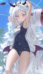 Rule 34 | 1girl, absurdres, ahoge, armpits, arms up, blue archive, blue one-piece swimsuit, blush, breasts, demon horns, gluteal fold, hair ornament, hairclip, halo, highres, hina (blue archive), hina (swimsuit) (blue archive), horns, long hair, looking at viewer, multiple horns, name tag, official alternate costume, old school swimsuit, one-piece swimsuit, outdoors, parted bangs, purple eyes, renge (730), school swimsuit, small breasts, solo, swimsuit, thighs, very long hair, wet, whistle, whistle around neck, white hair, wings