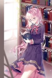 Rule 34 | 1girl, adjusting eyewear, bad id, bad pixiv id, blue dress, blurry, blurry background, blush, book, bookshelf, bow, braid, brown-framed eyewear, closed mouth, collared shirt, commentary, commission, depth of field, dress, glasses, holding, holding book, indoors, ladder, long hair, long sleeves, looking at object, looking away, open book, original, pleated dress, purple eyes, qlakwnd, reading, red bow, semi-rimless eyewear, shirt, solo, under-rim eyewear, very long hair, white shirt