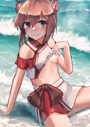 Rule 34 | 1girl, arm support, bob cut, breasts, brown eyes, brown hair, chinese clothes, clothes lift, commentary, double bun, hair bun, highres, kantai collection, lifted by self, looking at viewer, midriff, multicolored clothes, nipples, ocean, owada (kousonhuchi), partially submerged, ribs, saliva, saliva trail, shirt, shirt lift, short hair, sitting, skirt, sleeveless, sleeveless shirt, small breasts, solo, tan yang (kancolle), textless version, translated, waves, white skirt, yukikaze (kancolle)