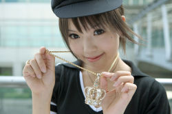 Rule 34 | 1girl, asian, brown eyes, brown hair, crown, female focus, hat, jewelry, kipi-san, necklace, photo (medium), ring, short hair, smile, solo