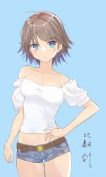 Rule 34 | 1girl, alternate costume, blue background, blue eyes, breasts, brown hair, character name, commentary request, cowboy shot, denim, denim shorts, flipped hair, hand on own hip, hiei (kancolle), highres, kantai collection, looking at viewer, medium breasts, midriff, off-shoulder shirt, off shoulder, sakurai nana (moshichi), shirt, short hair, short shorts, shorts, solo, standing, thigh gap, upper body, white shirt