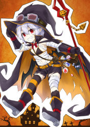 Rule 34 | 1girl, akisome hatsuka, bandaged arm, bandaged leg, bandages, bandaid, bandaid on face, candy, cape, commentary request, food, full body, gloves, goggles, goggles on head, grin, halloween, hat, jack-o&#039;-lantern, lollipop, looking at viewer, pointy ears, red eyes, remilia scarlet, short hair, shorts, single thighhigh, smile, solo, staff, striped clothes, striped thighhighs, thighhighs, torn cape, torn clothes, torn shorts, touhou, witch hat