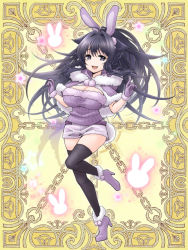 Rule 34 | 1girl, :d, aino yumeri, animal ears, black eyes, black hair, black thighhighs, breasts, capelet, cleavage, fake animal ears, full body, gloves, hands up, high heels, kerberos blade, long hair, looking at viewer, open mouth, purple capelet, purple footwear, purple gloves, purple sweater, rabbit ears, ribbed sweater, short shorts, shorts, simple background, smile, solo, standing, standing on one leg, star (symbol), sweater, thighhighs, white shorts, yellow background