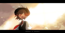 Rule 34 | bloom, bow, brown eyes, brown hair, english text, hat, hat bow, lemonice, letterboxed, necktie, open mouth, short hair, solo, touhou, usami renko