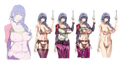 Rule 34 | 1girl, blue hair, bra, braid, breasts, character request, character sheet, choker, cleavage, clothes lift, clothes pull, costume chart, female pubic hair, garter belt, garter straps, green eyes, highres, huge breasts, impossible clothes, lingerie, looking at viewer, mature female, navel, nude, panties, pubic hair, pussy, q azieru, shirt lift, side-tie panties, simple background, sketch, skirt, skirt pull, smile, solo, thighhighs, uncensored, underboob, underwear, underwear only, white background