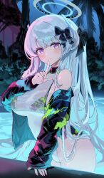Rule 34 | 1girl, absurdres, alternate costume, bikini, black bikini, black bow, blue archive, blush, bow, breasts, closed mouth, commentary request, cowboy shot, finger to mouth, grey hair, hair bow, halo, highres, jacket, kabedoru, large breasts, long hair, long sleeves, looking at viewer, mechanical halo, night, night sky, noa (blue archive), open clothes, open jacket, outdoors, palm tree, partially submerged, pool, purple eyes, revision, sky, smile, solo, swimsuit, tree