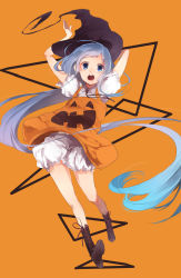 Rule 34 | 10s, 1girl, alternate costume, arms up, bare legs, bloomers, blue eyes, blue hair, blush, boots, cross-laced footwear, female focus, full body, halloween, hat, highres, jack-o&#039;-lantern, kantai collection, lace-up boots, long hair, looking at viewer, matching hair/eyes, miwano rag, open mouth, orange background, ragu (myan nyan), samidare (kancolle), simple background, solo, underwear, very long hair, witch hat