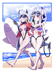 Rule 34 | 2girls, beach, bikini, black bikini, black horns, black tail, blue sky, breasts, cloud, commentary request, cup, demon girl, demon horns, demon tail, eyewear on head, floral print, food, hand on own hip, hawaiian shirt, helltaker, highres, holding, holding cup, horns, ice cream cup, inflatable shark, inflatable toy, jin (mugenjin), justice (helltaker), large breasts, lens flare, lucifer (helltaker), mole, mole under eye, multiple girls, navel, outdoors, ponytail, red eyes, sand, shaved ice, shirt, short sleeves, sky, slingshot swimsuit, smile, spoon, sunglasses, swimsuit, tail, walking, water, white hair, white horns