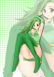 Rule 34 | 1990s (style), 1girl, aged up, boots, breasts, bridal gauntlets, cleavage, covered erect nipples, detached sleeves, female focus, final fantasy, final fantasy iv, green eyes, green footwear, green hair, green theme, highres, matching hair/eyes, medium breasts, panties, retro artstyle, rydia (ff4), shitan, solo, thighhighs, underwear, zoom layer
