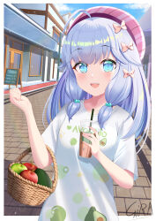 Rule 34 | 1girl, absurdres, ahoge, apple, artist name, avocado, basket, beret, blue eyes, bow, brick road, building, charlotte suzu, cloud, collarbone, cup, disposable cup, drink, drinking straw, food, fruit, fruit print, girarikyo, hair bow, hair ornament, hat, heart, highres, long hair, open mouth, pink bow, pink hat, production kawaii, purple hair, shirt, sign, sky, solo, virtual youtuber, white shirt