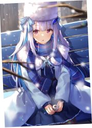 Rule 34 | 1girl, :o, black pantyhose, blue coat, blue hair, blue scarf, blue serafuku, blue shirt, blue skirt, blurry, blurry foreground, branch, can, coat, commentary request, depth of field, fur-trimmed coat, fur hat, fur trim, hat, highres, holding, holding can, lize helesta, long hair, looking at viewer, multicolored hair, nijisanji, on bench, open clothes, open coat, pantyhose, parted lips, plaid, plaid scarf, pleated skirt, red eyes, sailor collar, scarf, school uniform, serafuku, shirt, sitting, skirt, snow, snowing, solo, tree, two-tone hair, very long hair, virtual youtuber, white hair, white hat, white sailor collar, yuuki nao (pixiv10696483)