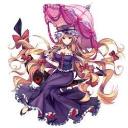 Rule 34 | 1girl, black footwear, blonde hair, bow, breasts, cleavage, closed mouth, dress, folded fan, folding fan, full body, game cg, gap (touhou), gloves, hair bow, hand fan, hat, highres, holding, holding fan, holding umbrella, large breasts, long hair, looking at viewer, mob cap, pink umbrella, purple dress, red bow, rotte (1109), short sleeves, simple background, smile, solo, third-party source, touhou, touhou lostword, umbrella, very long hair, white background, white gloves, white hat, yakumo yukari, yellow eyes
