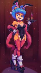 Rule 34 | 1girl, absurdres, animal ears, black footwear, black gloves, black leotard, blue eyes, blue hair, bow, covered navel, crash bandicoot (series), double bun, drink, elbow gloves, fake animal ears, feather boa, furry, furry female, garter straps, gloves, hair bun, hand on own hip, high heels, highres, holding, holding tray, indoors, leotard, looking at viewer, medium hair, megumi (crash bandicoot), open mouth, playboy bunny, rabbit ears, red bow, red thighhighs, socks, solo, teeth, thighhighs, toasty scones, tray, upper teeth only, white socks
