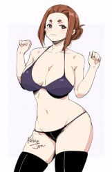 Rule 34 | 1girl, artist name, bare shoulders, bikini, black bikini, black thighhighs, breasts, bright pupils, brown eyes, brown hair, closed mouth, collarbone, commentary, cowboy shot, english commentary, forehead, groin, hands up, kaii to otome to kamigakushi, large breasts, looking at viewer, mismatched bikini, mole, mole under eye, navel, ogawa sumireko, purple bikini, relaxjon, short eyebrows, signature, simple background, solo, swimsuit, thick eyebrows, thighhighs, thighs, white pupils, wide hips