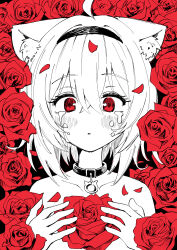 Rule 34 | 1girl, absurdres, ahoge, animal ear fluff, animal ears, bare shoulders, blush, cat ears, cat girl, chun 1234567, collar, flower, hairband, highres, hololive, looking at viewer, nekomata okayu, parted lips, portrait, red eyes, rose, short hair, solo, spot color, tears, virtual youtuber
