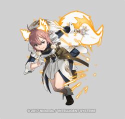 1girl ahoge animal_ears ankle_boots belt_pouch boots brown_eyes brown_hair clenched_hand closed_mouth copyright_notice dress fire_emblem fire_emblem_heroes frills full_body gloves gold_trim grey_background hand_on_own_chest kozaki_yuusuke leg_up long_sleeves nintendo official_art pouch ratatoskr_(fire_emblem) serious short_dress skirt solo squirrel_ears squirrel_tail tail white_gloves