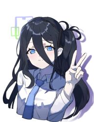 Rule 34 | 1girl, absurdres, aris (blue archive), black hair, black hairband, blue archive, blue eyes, blue necktie, blush, closed mouth, collared shirt, commentary, cropped torso, english commentary, hair between eyes, hairband, halo, hand up, highres, long bangs, long hair, long sleeves, looking at viewer, necktie, nogong, shirt, side ponytail, simple background, smile, solo, upper body, v, white background, white shirt