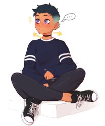 Rule 34 | ..., 1girl, absurdres, black choker, black footwear, black hair, black pants, blue sweater, choker, closed mouth, commentary, converse, dark-skinned female, dark skin, ear piercing, english commentary, freckles, full body, gradient hair, green hair, highres, crossed legs, long sleeves, looking away, motion lines, multicolored hair, nose bubble, notice lines, original, pants, piercing, pudgeruffian, purple eyes, riley fairfeather, shoes, short hair, simple background, sitting, sleeves past wrists, sneakers, solo, spoken ellipsis, sweater, very short hair, white background
