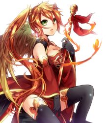 Rule 34 | 1girl, between thighs, black gloves, black thighhighs, breasts, detached sleeves, dress, earrings, feathered wings, gloves, green eyes, hair ornament, holding, holding weapon, jewelry, kanataww, leilan (p&amp;d), leiran (p&amp;d), long hair, medium breasts, orange hair, puzzle &amp; dragons, red dress, red ribbon, ribbon, side ponytail, simple background, solo, thighhighs, very long hair, weapon, white background, wings