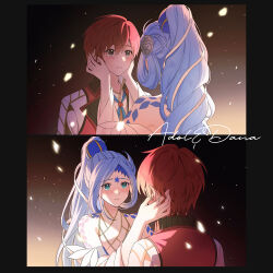 Rule 34 | 1boy, 1girl, adol christin, aqua eyes, black eyes, blue hair, blush, character name, commentary, dana (ys), dress, english commentary, facial mark, forehead mark, hands on another&#039;s face, highres, long hair, looking at another, petals, ponytail, red hair, red vest, rutiwa, shirt, short hair, tearing up, very long hair, vest, white dress, white shirt, ys, ys viii lacrimosa of dana