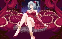 Rule 34 | 1girl, adapted costume, bare legs, bare shoulders, breasts, cleavage, collarbone, commentary request, demon wings, dress, frilled dress, frilled pillow, frills, gem, gold, grey eyes, grey hair, hair bobbles, hair ornament, high heels, highres, jewelry, large breasts, legs, long hair, multiple wings, necklace, nukekip, pillow, red dress, red footwear, shinki (touhou), side ponytail, sitting, solo, touhou, touhou (pc-98), translation request, wavy hair, wings