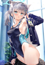 Rule 34 | 1girl, animal ear fluff, animal ears, black jacket, blue archive, blue eyes, blurry, blurry background, blush, breasts, clothes pull, collarbone, commentary request, competition swimsuit, covered navel, cowboy shot, cross hair ornament, depth of field, extra ears, fujima takuya, grey hair, hair between eyes, hair ornament, highleg, highleg swimsuit, indoors, jacket, long hair, long sleeves, looking at viewer, medium breasts, mismatched pupils, one-piece swimsuit, open clothes, open jacket, open mouth, open shirt, parted lips, plaid, plaid skirt, pleated skirt, shiroko (blue archive), shiroko (swimsuit) (blue archive), skirt, skirt pull, solo, standing, swimsuit, swimsuit under clothes, thighhighs, thighs, undressing, wet, window, wolf ears