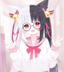 Rule 34 | 1girl, :3, :d, alice mana, alice mana channel, animal ears, bell, blunt bangs, blurry, bow, cat ears, commentary request, depth of field, deyui, double v, glasses, hair bow, hair ribbon, highres, long hair, long sleeves, looking at viewer, multicolored hair, open mouth, red eyes, ribbon, school uniform, serafuku, sidelocks, signature, smile, solo, twintails, two-tone hair, v, virtual youtuber