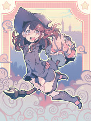 Rule 34 | 1girl, :d, blush, boots, broom, broom riding, brown eyes, brown hair, cloud, dress, female focus, full body, happy, hat, highres, kagari atsuko, knee boots, little witch academia, long sleeves, neck ribbon, open mouth, parororo, ribbon, sky, smile, solo, star (symbol), teeth, witch, witch hat