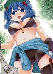Rule 34 | 1girl, blue eyes, blue hair, breasts, hair bobbles, hair ornament, hat, holding, holding wrench, kawashiro nitori, key, medium breasts, medium hair, navel, open mouth, short twintails, sidelocks, solo, touhou, twintails, two side up, wrench, zetsumame