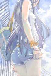 Rule 34 | 1girl, adjusting clothes, ass, bag, bare shoulders, black hair, blue sky, cloud, cutoffs, day, denim, denim shorts, eyelashes, fence, from behind, from below, head out of frame, highres, long hair, original, pomodorosa, short shorts, shorts, shoulder bag, sky, solo