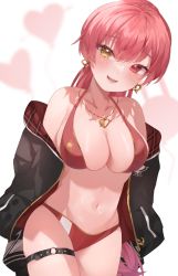 Rule 34 | 1girl, bikini, black jacket, blush, breasts, cleavage, commentary, earrings, english commentary, gold earrings, gold necklace, halterneck, heart, heart background, heterochromia, highres, hololive, houshou marine, houshou marine (summer), jacket, jewelry, large breasts, long hair, looking at viewer, navel, necklace, nekoya3646, o-ring, o-ring thigh strap, off shoulder, open mouth, ponytail, red bikini, red eyes, red hair, smile, swimsuit, thigh strap, virtual youtuber, yellow eyes