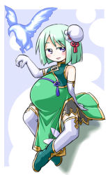 1girl bird blue_eyes chinese_clothes elbow_gloves female_focus fire gloves green_hair hair_bun kugelschreiber looking_at_viewer open_mouth original phoenix pregnant short_hair single_hair_bun sitting smile solo thighhighs white_gloves white_thighhighs