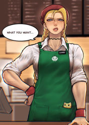 Rule 34 | 1girl, absurdres, animal, animal in clothes, antenna hair, apron, ayaki blade, barista, blonde hair, blue eyes, blurry, blurry background, braid, brand name imitation, cammy white, cat, choker, collared shirt, commentary, employee uniform, english commentary, english text, engrish text, facial scar, female pov, green apron, half-closed eyes, highres, iced latte with breast milk (meme), kitten, lips, long hair, looking at viewer, meme, pov, ranguage, scar, scar on cheek, scar on face, scrunchie, shirt, solo, speech bubble, starbucks, street fighter, twin braids, uniform, veins, veiny arms, white background, white shirt, wrist scrunchie