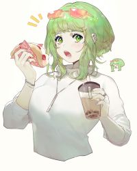 Rule 34 | 1girl, absurdres, blue nails, bracelet, breast press, breasts, bubble tea, chibi, chibi inset, crepe, cropped torso, cup, disposable cup, drink, drinking straw, earclip, eating, eyewear on head, food, food wrapper, green eyes, green hair, green nails, gumi, haiyahaiyohai, hands up, highres, holding, holding cup, holding drink, holding food, jewelry, large breasts, long sleeves, looking at viewer, multicolored nails, nail polish, necklace, open mouth, pendant, red-tinted eyewear, ring, shirt, short hair, short hair with long locks, sidelocks, simple background, tinted eyewear, tongue, vocaloid, white background, white shirt