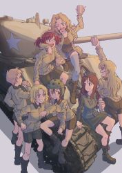 Rule 34 | alisa (girls und panzer), arm between legs, blonde hair, boots, brown hair, caterpillar tracks, character name, character request, clothes lift, cutoffs, denim, denim shorts, girls und panzer, helmet, kay (girls und panzer), long hair, m4 sherman, military, military vehicle, mituki (mitukiiro), motor vehicle, multiple girls, naomi (girls und panzer), one eye closed, pencil skirt, saunders military uniform, shirt lift, short hair, short twintails, shorts, skirt, smile, tank, tank helmet, thighhighs, thighs, twintails, white background