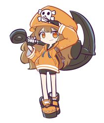 Rule 34 | 1girl, anchor, black gloves, black shorts, brown hair, closed mouth, commentary request, fingerless gloves, full body, gloves, guilty gear, highres, holding, holding anchor, jacket, korean commentary, long hair, looking at viewer, malrangdonut, may (guilty gear), orange eyes, orange footwear, orange headwear, orange jacket, parody, puyopuyo, shorts, simple background, skull, smile, solo, style parody, white background
