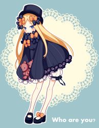 Rule 34 | 1girl, :o, abigail williams (fate), black bow, black dress, black footwear, black hat, blonde hair, bloomers, blue background, blue eyes, blush stickers, bow, bug, butterfly, commentary request, doily, dress, english text, fate/grand order, fate (series), full body, hair bow, hands in opposite sleeves, hat, highres, holding, holding stuffed toy, insect, leaning forward, long hair, long sleeves, looking at viewer, mary janes, orange bow, outline, parted bangs, parted lips, polka dot, polka dot bow, ponita, shoes, solo, standing, stuffed animal, stuffed toy, teddy bear, underwear, very long hair, white bloomers