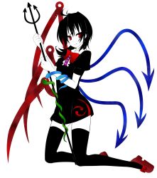 Rule 34 | 1girl, absurdres, ahoge, asymmetrical wings, black hair, black thighhighs, dress shirt, female focus, highres, houjuu nue, kneeling, polearm, red eyes, shirt, snake, solo, spear, thighhighs, touhou, transparent background, trident, weapon, wings, yami nabe, zettai ryouiki
