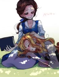 Rule 34 | 2girls, aurora (disney), beauty and the beast, belle (disney), book, brown hair, company connection, crossover, dappled sunlight, disney, dress, gradient background, highres, kokuchuutei, long hair, multiple girls, sleeping, sleeping beauty, sleeping beauty (character), smile, sunlight
