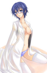 Rule 34 | 1girl, atlus, bad id, bad pixiv id, blue eyes, blue hair, blue panties, blush, breasts, chocolate mint, cleavage, glasses, hair between eyes, lab coat, looking at viewer, matching hair/eyes, medium breasts, navel, nekomura maccha, no bra, open mouth, panties, persona, persona 4, shirogane naoto, short hair, simple background, sitting, solo, striped clothes, striped panties, thighhighs, underwear, wariza, white background, zettai ryouiki
