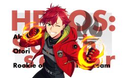 Rule 34 | 1boy, bad source, belt, clenched hands, ear piercing, fingerless gloves, gloves, green eyes, hair between eyes, happy elements, helios rising heroes, highres, hood, hood down, jacket, male focus, official art, open clothes, open jacket, open mouth, otori akira, piercing, red hair, red jacket, sleeves past elbows, smile, solo, teeth, third-party source