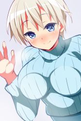 Rule 34 | 10s, 1girl, 9law, against fourth wall, against glass, blonde hair, blue eyes, blush, brave witches, breast press, breasts, breath, large breasts, looking at viewer, nikka edvardine katajainen, purple background, ribbed sweater, short hair, simple background, solo, sweater, turtleneck, world witches series