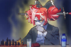 Rule 34 | 1girl, alternate costume, aura, black bow, black jacket, blue eyes, board game, bottle, bow, chess, chess piece, double bun, hair bow, hair bun, heterochromia, hololive, hololive indonesia, jacket, kureiji ollie, long hair, multicolored hair, open clothes, open jacket, patchwork skin, playing chess, red hair, sitting, sword, symbol-shaped pupils, very long hair, virtual youtuber, watch, water bottle, weapon, wristwatch, x-shaped pupils, yellow eyes, yoruny, zombie