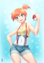 Rule 34 | 1girl, aozame takao, blue background, competition swimsuit, contrapposto, cowboy shot, creatures (company), denim, denim shorts, game freak, gradient background, hand on own hip, highres, holding, holding poke ball, looking at viewer, misty (pokemon), nintendo, one-piece swimsuit, open mouth, orange hair, poke ball, poke ball (basic), pokemon, pokemon (anime), pokemon (classic anime), pokemon hgss, pokemon rgby, print swimsuit, shirt, short hair, shorts, side ponytail, signature, solo, standing, suspenders, swimsuit, swimsuit under clothes, thighs, white one-piece swimsuit, yellow shirt