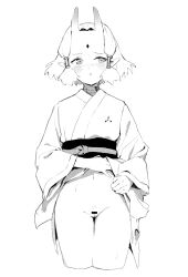 Rule 34 | 1girl, :o, averting eyes, bar censor, blush, censored, cleft of venus, clothes lift, cropped legs, facial mark, female pubic hair, forehead mark, greyscale, groin, hair tubes, highres, horns, japanese clothes, kimono, kimono lift, lifted by self, long sleeves, looking to the side, monochrome, navel, obi, oni, oni horns, original, pointy ears, pubic hair, pussy, sash, short hair, solo, sweat, vertigris, wide sleeves, yoshiko (vertigris)
