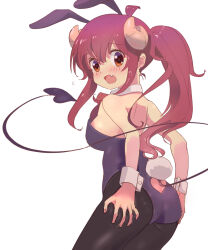 Rule 34 | 1girl, :o, ahoge, animal ears, bare arms, bare shoulders, black pantyhose, blue leotard, blush, breasts, brown eyes, clothing cutout, commentary, curled horns, demon girl, demon tail, detached collar, fang, from behind, hair between eyes, hands on own ass, heart cutout, highres, horns, kyarahiba, large breasts, leotard, looking at viewer, looking back, machikado mazoku, open mouth, pantyhose, playboy bunny, ponytail, rabbit ears, rabbit tail, red hair, simple background, solo, tail, tail through clothes, white background, wrist cuffs, yoshida yuuko (machikado mazoku)